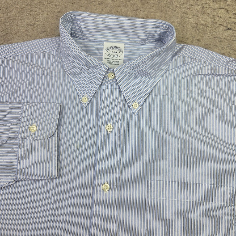 Brooks Brothers Shirt Mens 17-34 Blue Striped Long Sleeve Button Down Supima